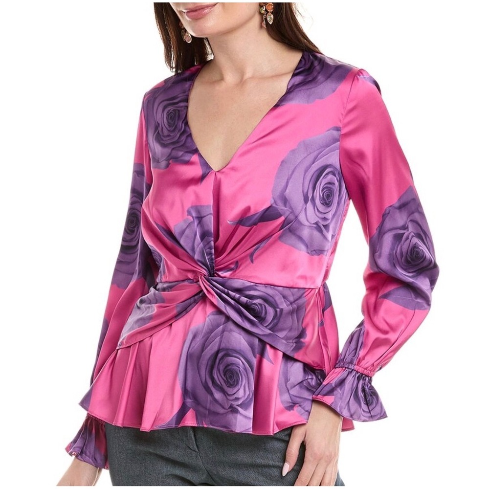 NWT Hutch Matilda Pink Purple Rose Floral Twist Front Peplum Blouse Top XXS‎